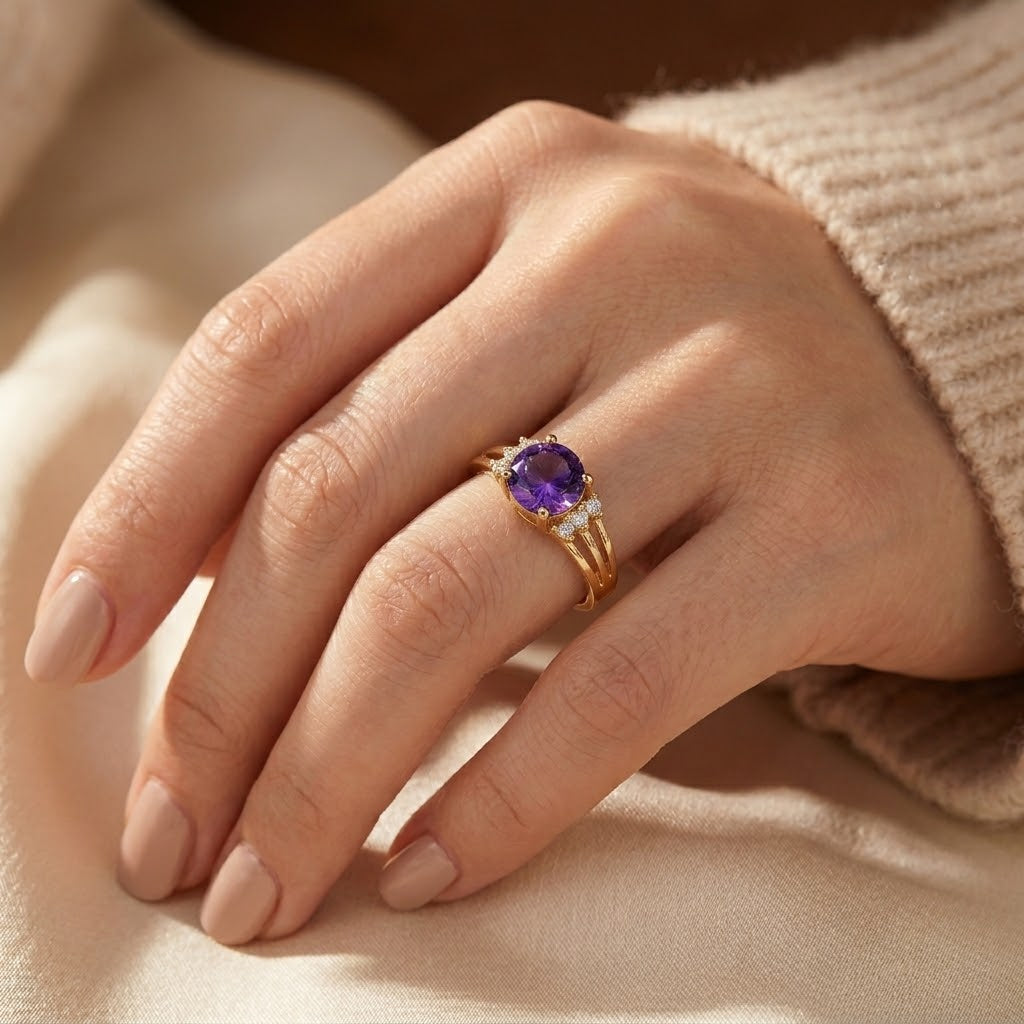 Split Shank Ring – Gold-Tone with Round Purple Stone