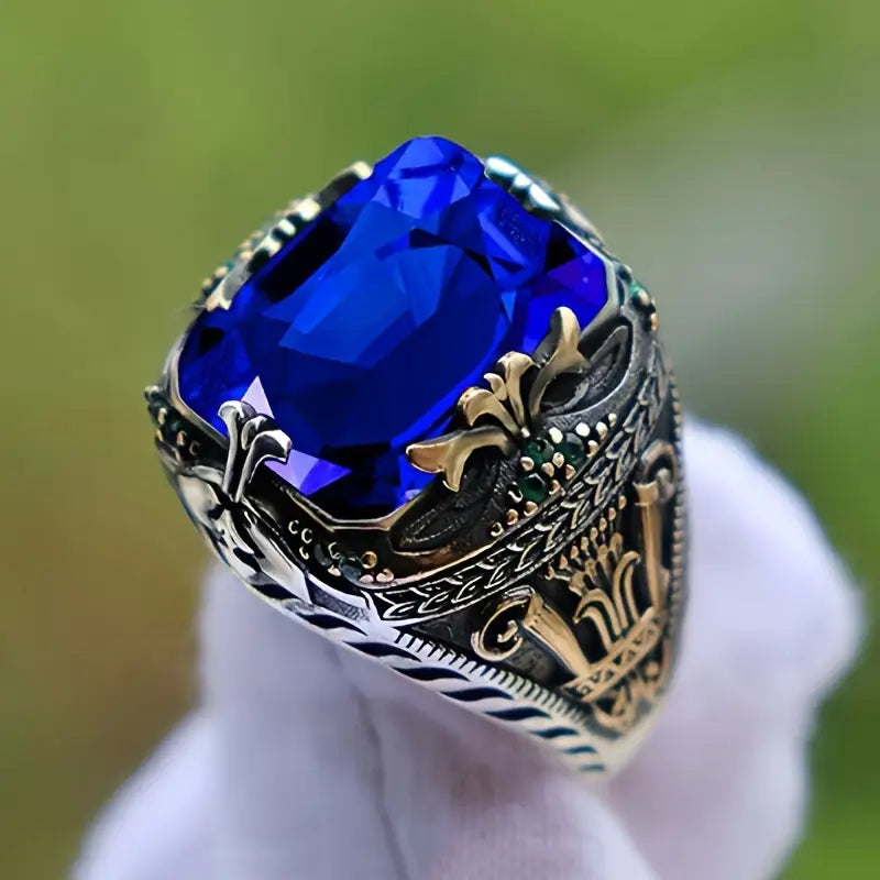 Vintage-Style Statement Ring – Silver-Tone with Large Blue Stone