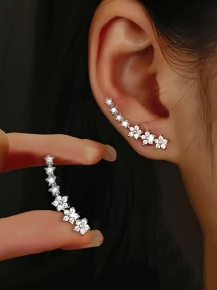 Floral Ear Climber Earrings – Sparkling Crystal Flower Crawlers