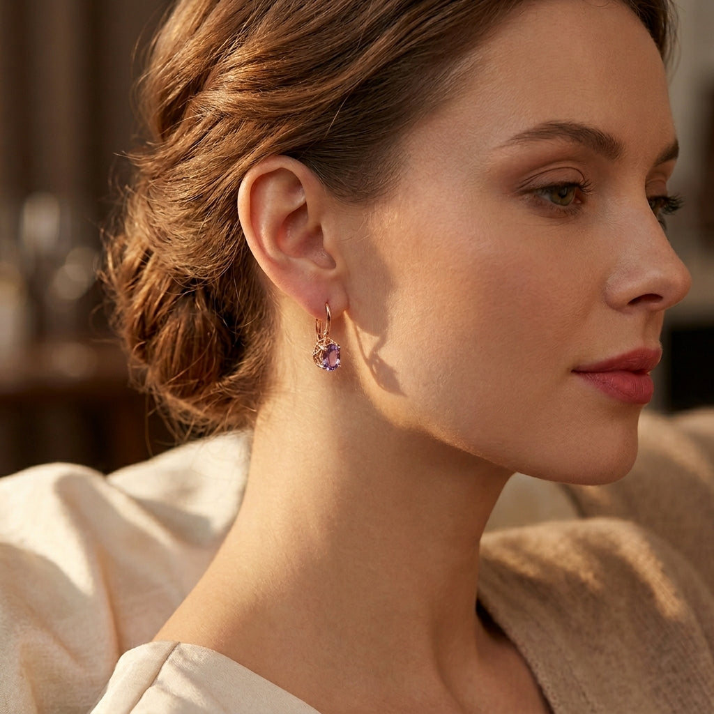 Oval Lilac Stone Earrings – Rose Gold-Tone with Hinged Fitting