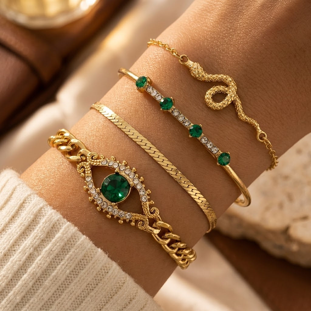 Layered Charm Bracelet Set – Gold-Tone with Green Stones