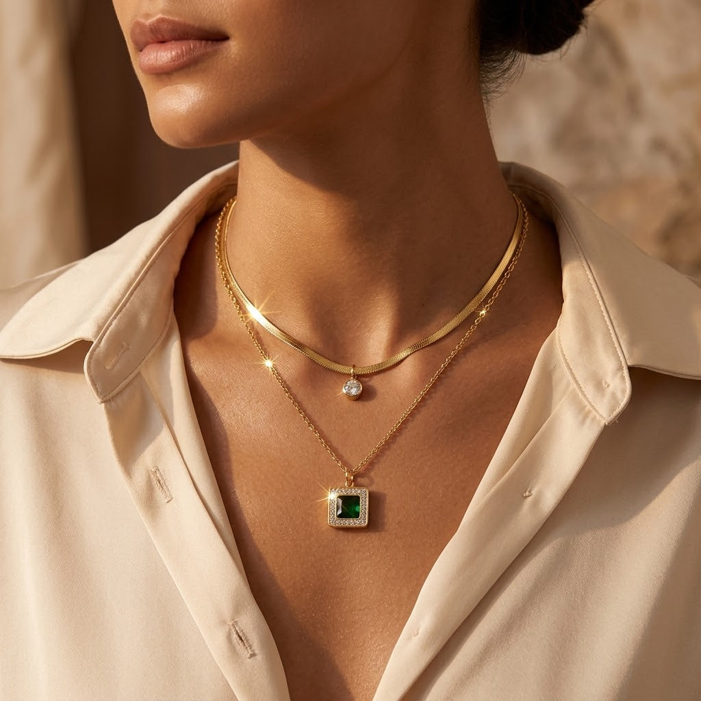 Layered Necklace – Gold-Tone Herringbone Chain with Square Green Pendant
