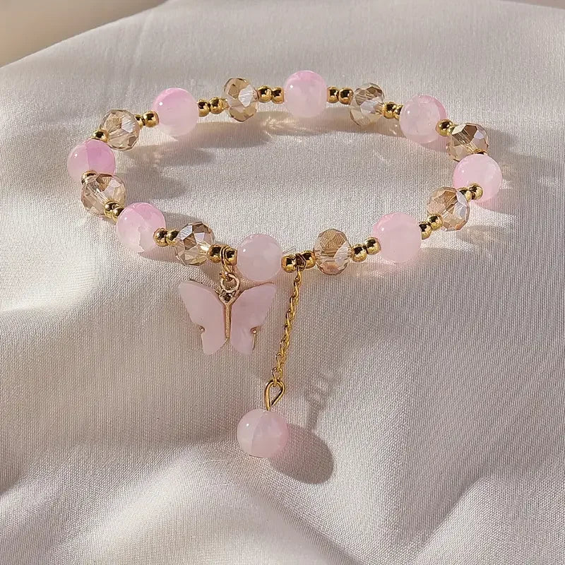 Elastic Bracelet with Faceted Beads and Butterfly Charm