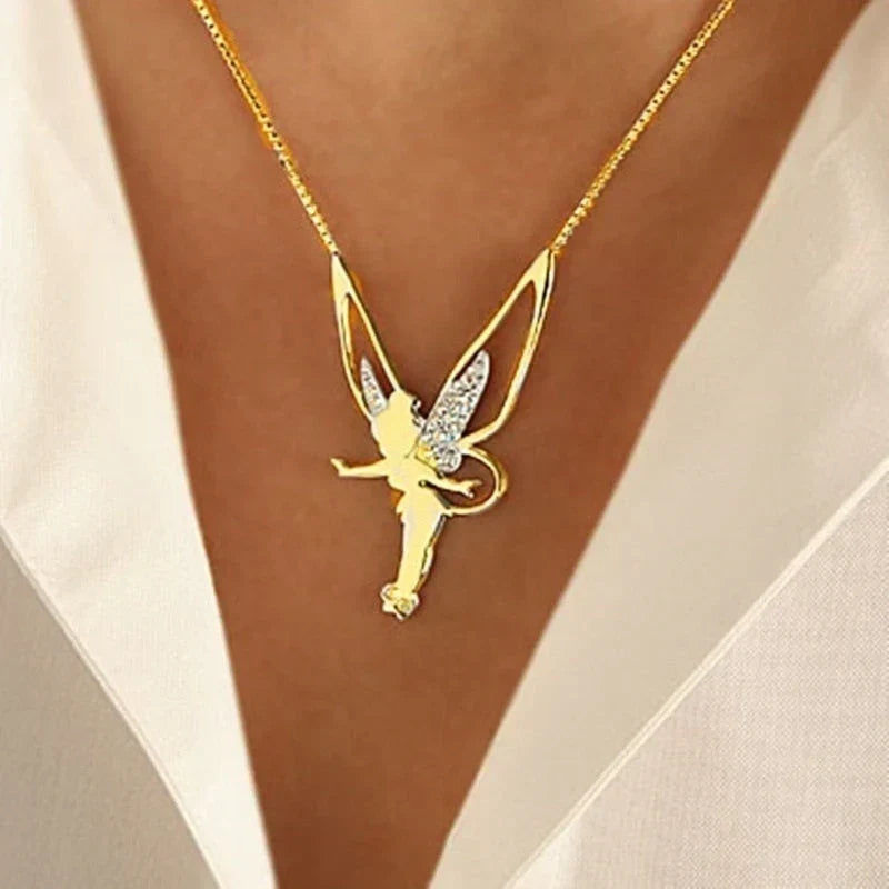 Lucky Fairy Pendant Necklace – White Gold-Tone with Sparkling Wings