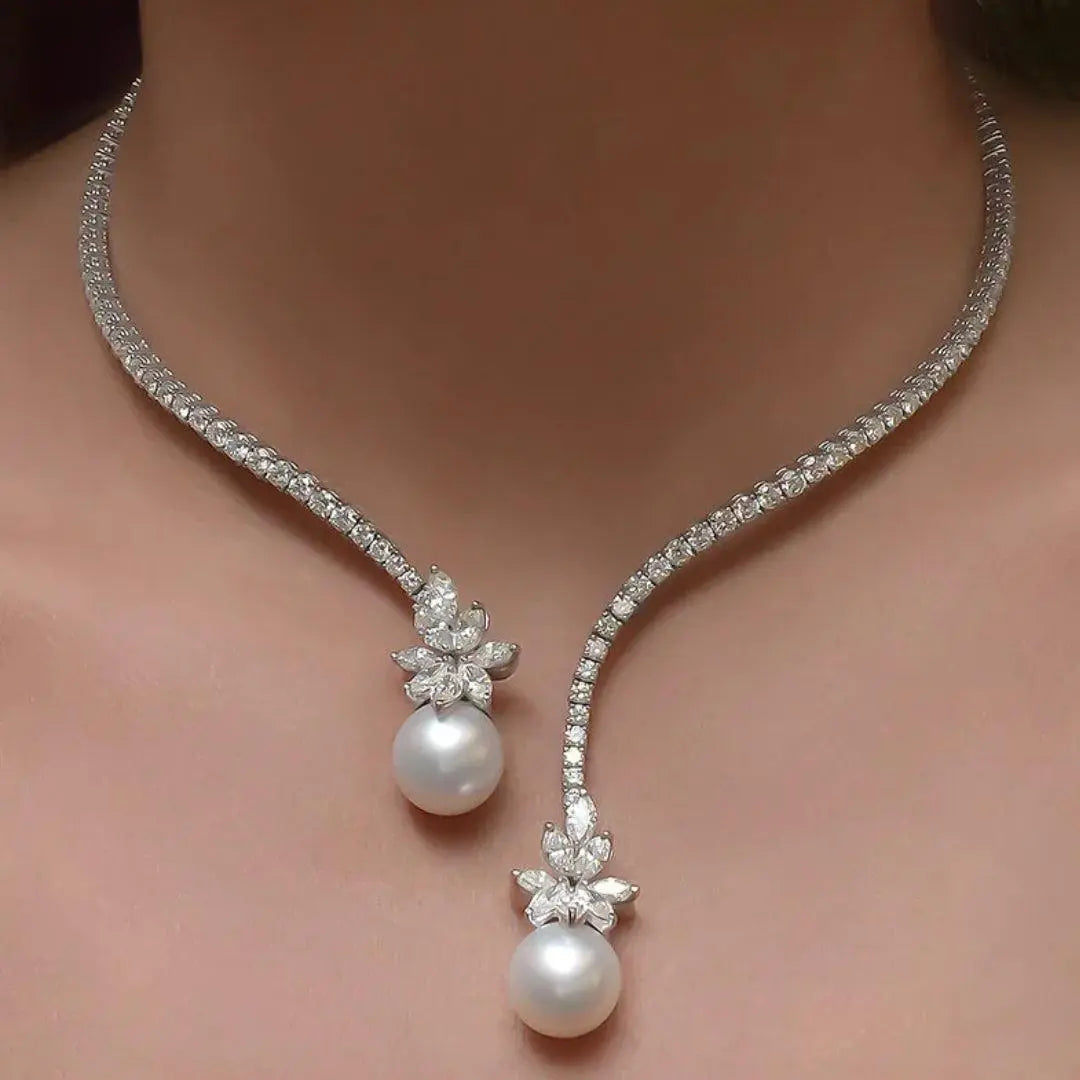Pearl Drop Collar Necklace – Silver-Tone with Sparkling Stones