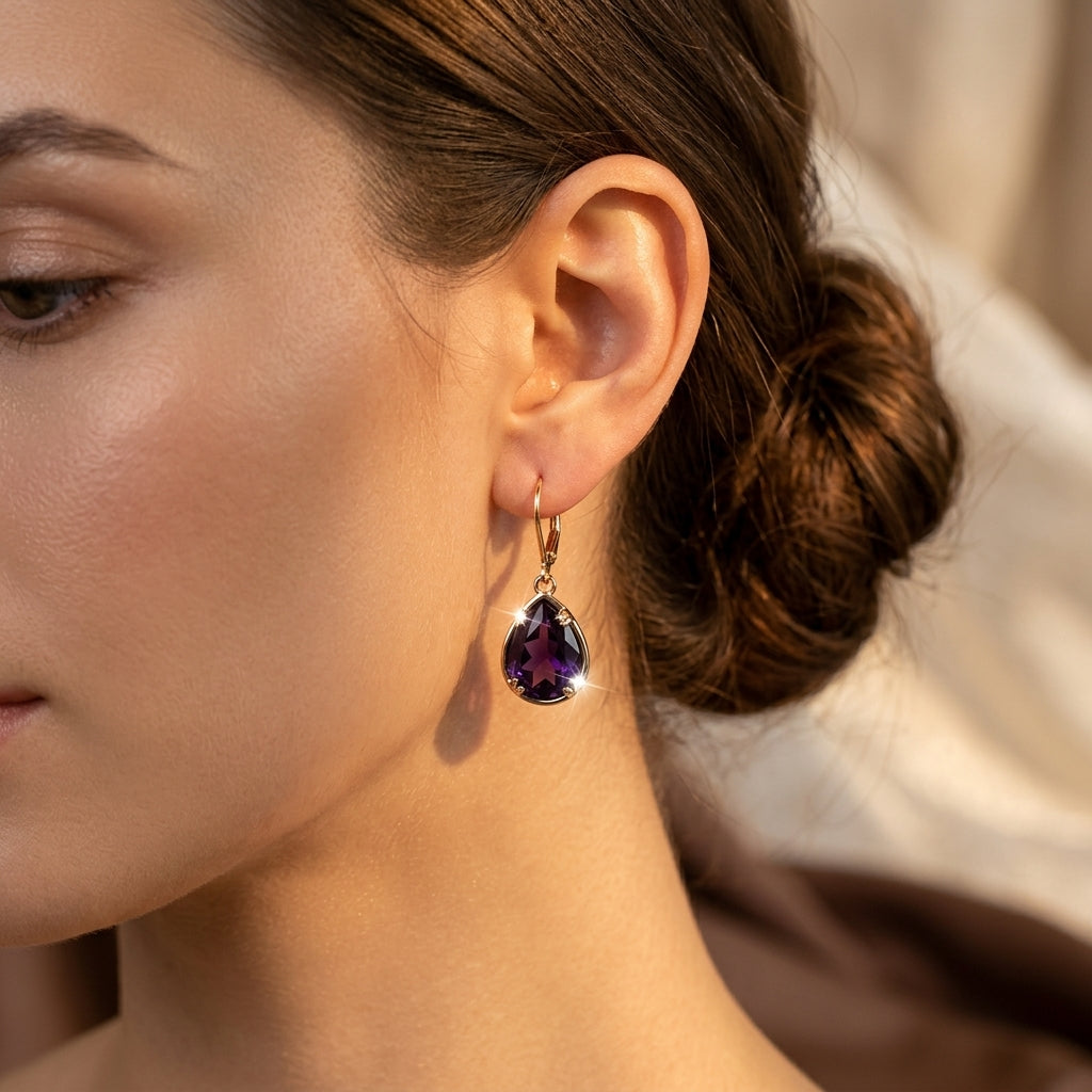 Teardrop Drop Earrings – Gold-Tone with Purple Stones