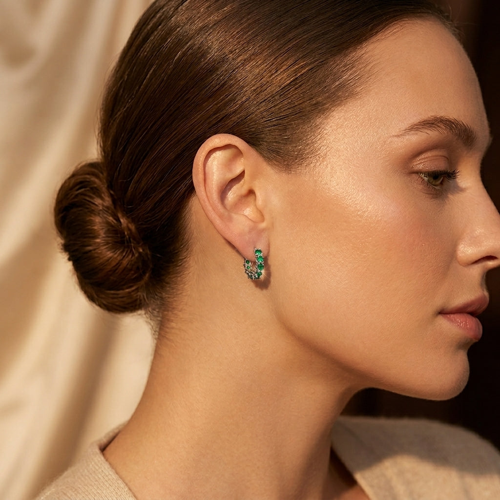 Lattice Hoop Earrings – Gold-Tone with Oval Green Stones