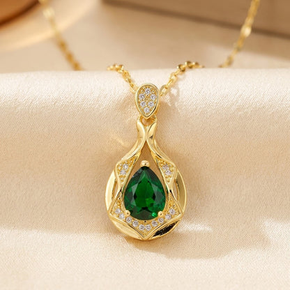 Teardrop Pendant Necklace – Gold-Tone with Green Stone