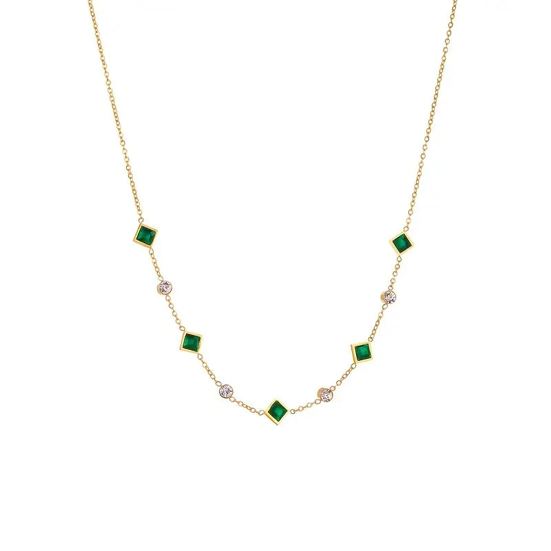Geometric Station Necklace – Gold-Tone with Green and Clear Stones