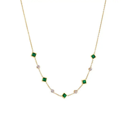 Geometric Station Necklace – Gold-Tone with Green and Clear Stones