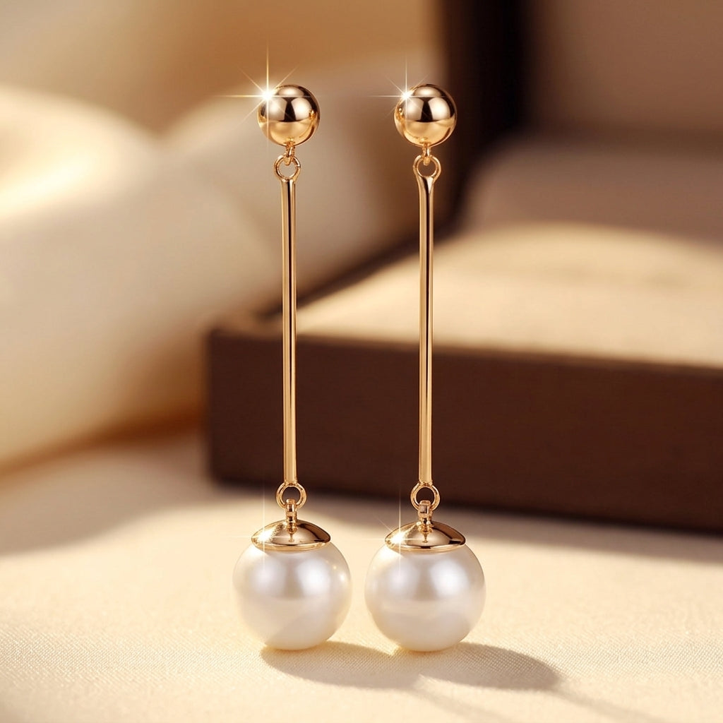 Long Pearl Drop Earrings – Gold-Tone Bar with Pearl-Effect Drop