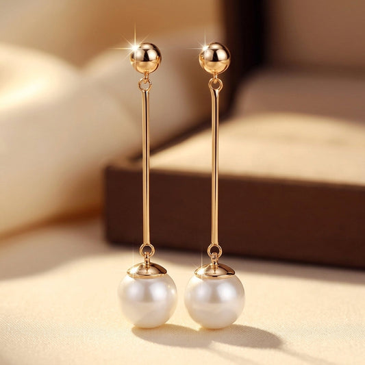 Long Pearl Drop Earrings – Gold-Tone Bar with Pearl-Effect Drop