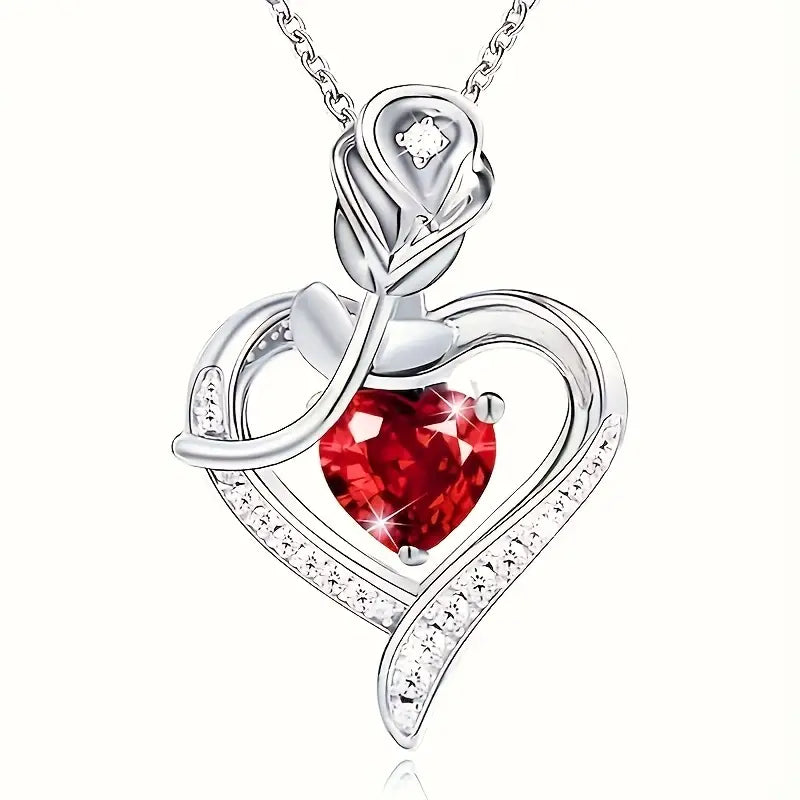 Heart Pendant Necklace – Silver-Tone with Red Heart Stone