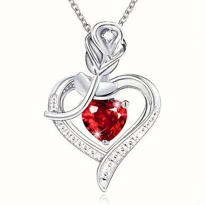 Heart Pendant Necklace – Silver-Tone with Red Heart Stone