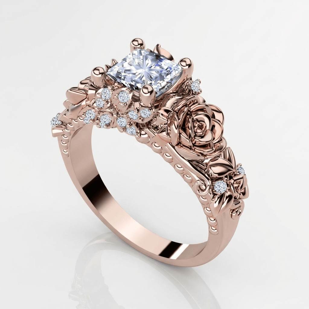Rose Vintage-Style Ring – Rose Gold-Tone with Princess-Cut Zirconia