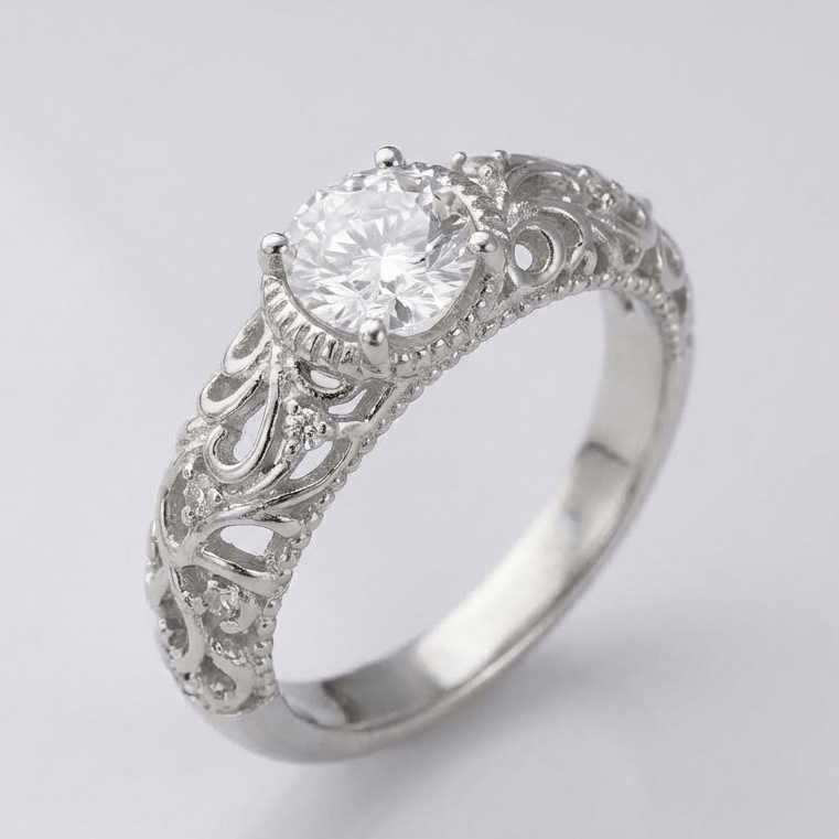 Vintage-Style Zirconia Solitaire Ring – Silver-Tone Filigree Band