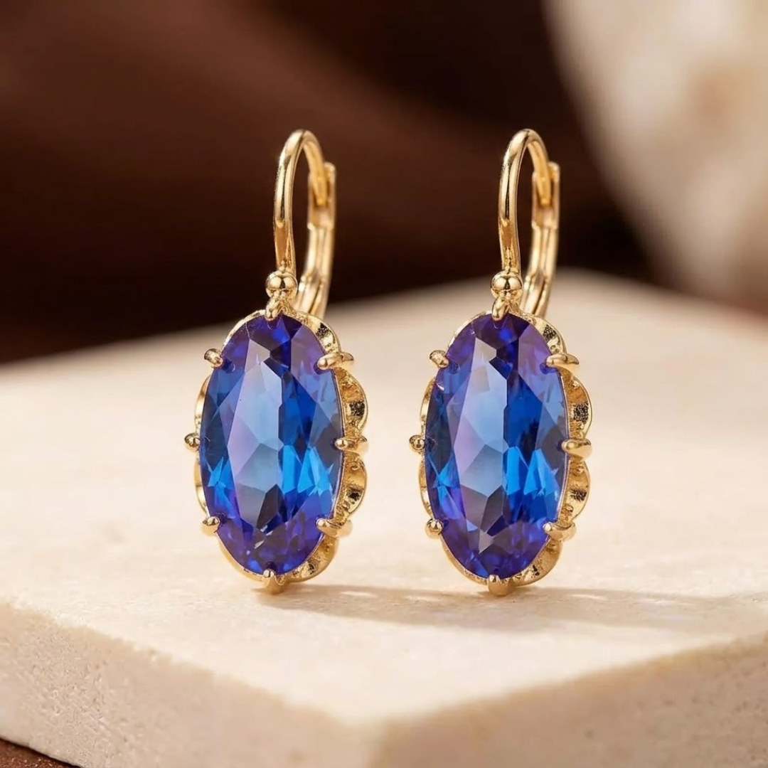 Oval Drop Earrings – Gold-Tone with Blue Stones
