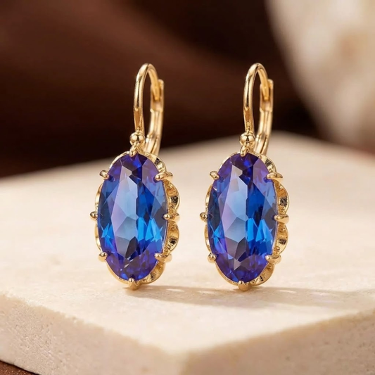 Oval Drop Earrings – Gold-Tone with Blue Stones