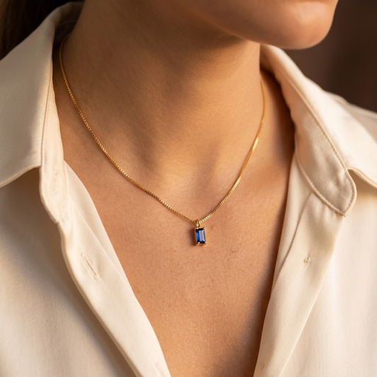 Minimalist Pendant Necklace – Gold-Tone with Blue Baguette Stone