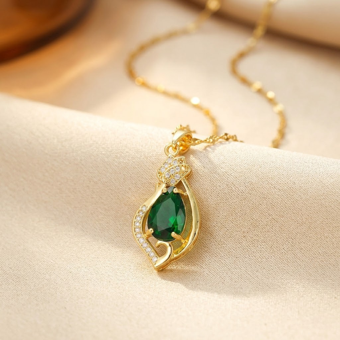 Teardrop Pendant Necklace – Gold-Tone with Green Stone