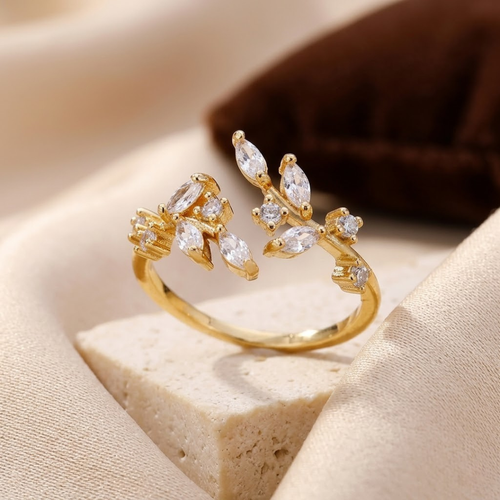 Open Leaf Ring – Gold-Tone with Marquise Crystal Leaves