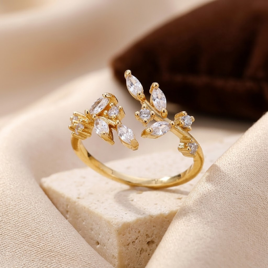 Open Leaf Ring – Gold-Tone with Marquise Crystal Leaves