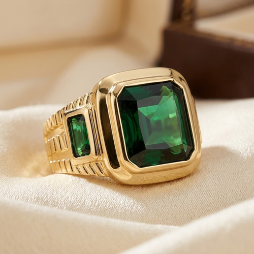 Signet Statement Ring – Gold-Tone with Emerald-Cut Green Stone