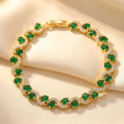 Halo Link Bracelet – Gold-Tone with Round Green Stones