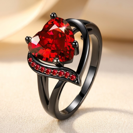 Heart Statement Ring – Black-Tone with Red Heart Stone
