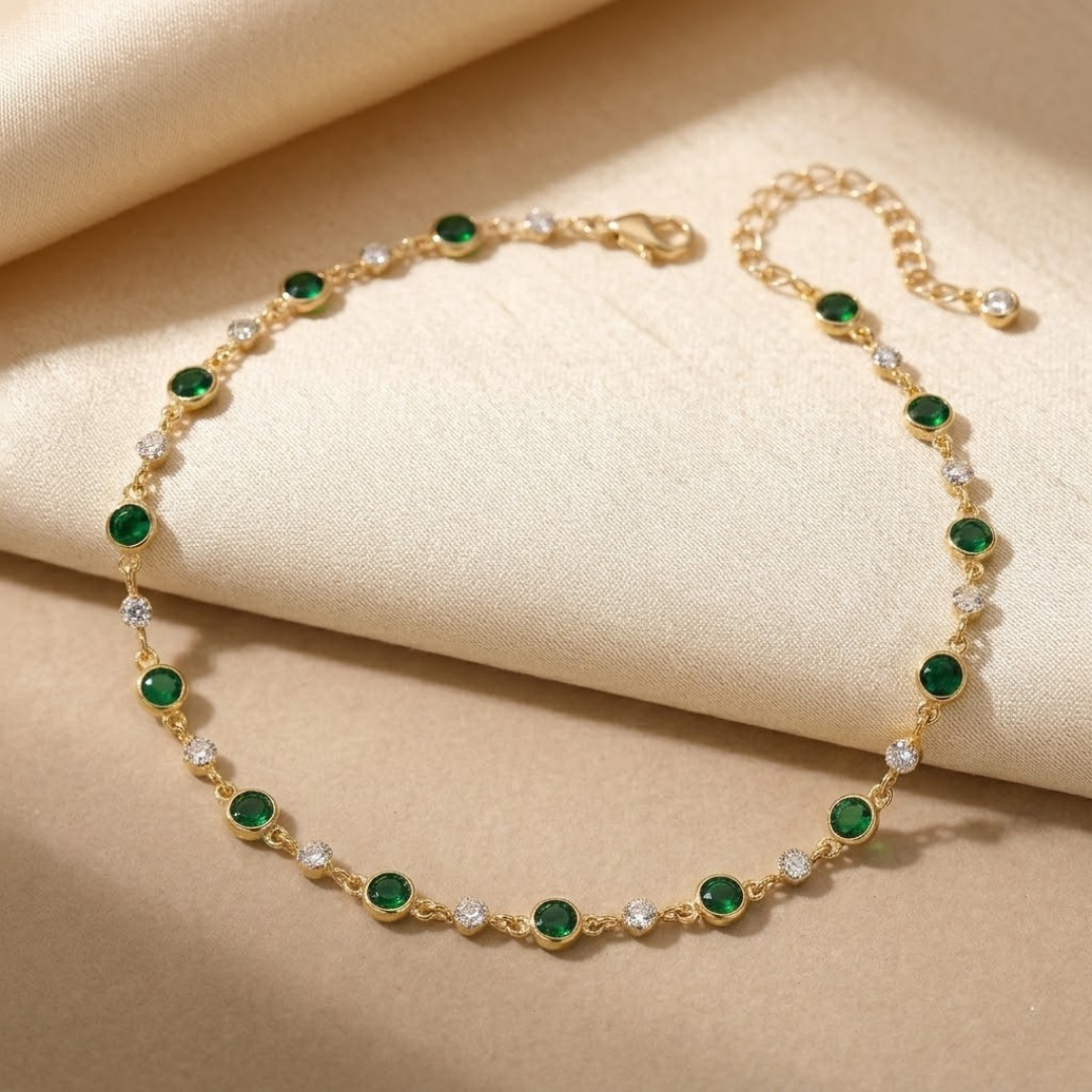 Station Necklace – Gold-Tone with Round Green Stones
