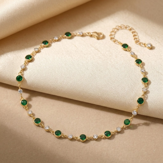 Station Necklace – Gold-Tone with Round Green Stones