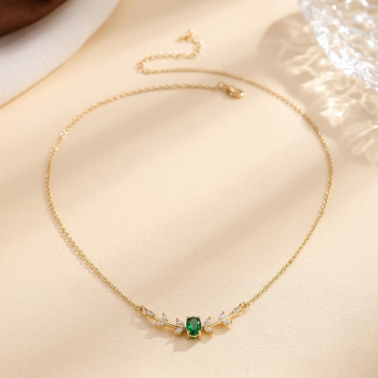 Minimalist Bar Necklace – Gold-Tone with Green Centre Stone