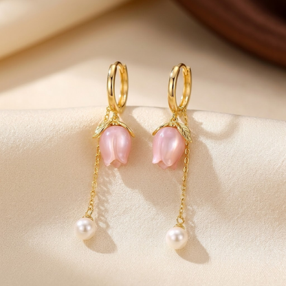 Pink Tulip Pearl Drop Earrings – Gold-Tone Huggies with Chain Drop