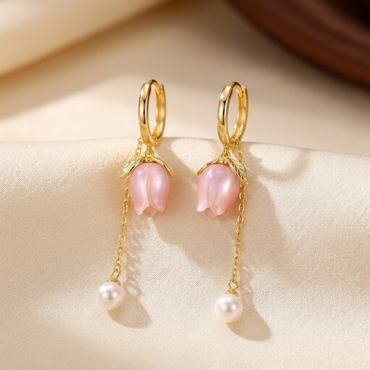 Pink Tulip Pearl Drop Earrings – Gold-Tone Huggies with Chain Drop