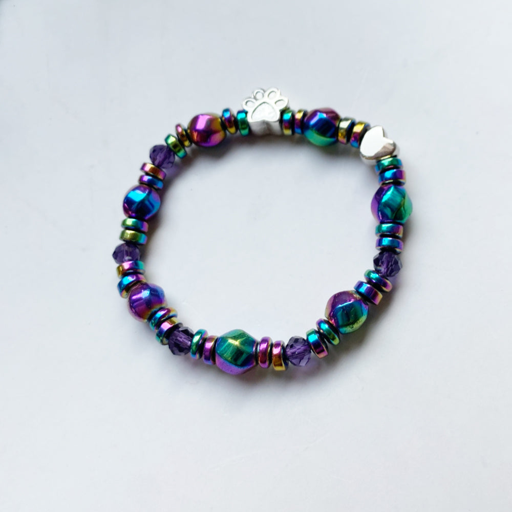Rainbow Hematite Bracelet with Paw and Heart Charm