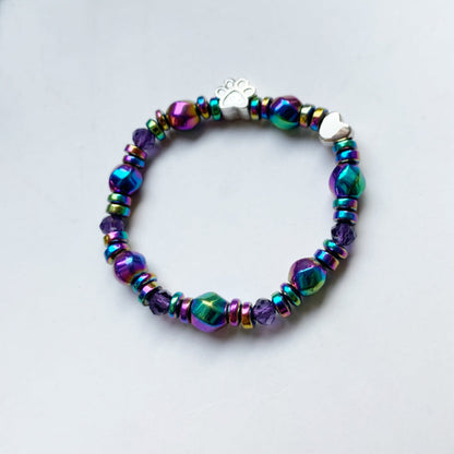 Rainbow Hematite Bracelet with Paw and Heart Charm