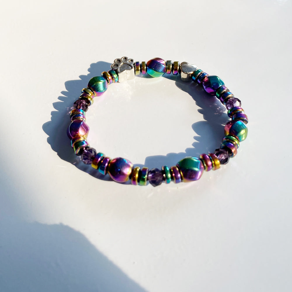 Rainbow Hematite Bracelet with Paw and Heart Charm