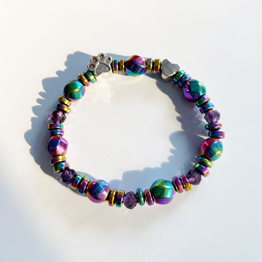 Rainbow Hematite Bracelet with Paw and Heart Charm