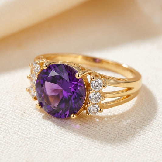 Split Shank Ring – Gold-Tone with Round Purple Stone
