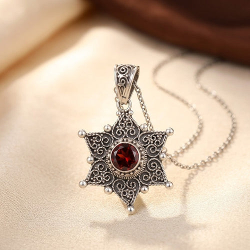 Star Pendant Necklace – Silver-Tone Filigree with Deep Red Stone