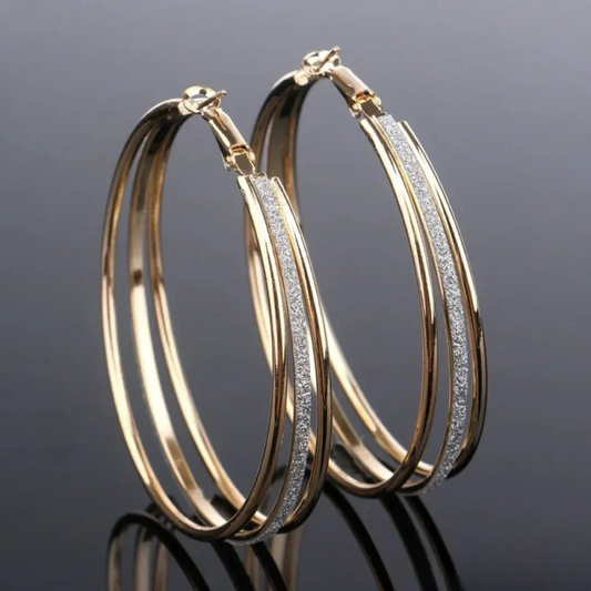 Retro Triple Hoop Earrings – Gold-Tone with Silver Glitter Band