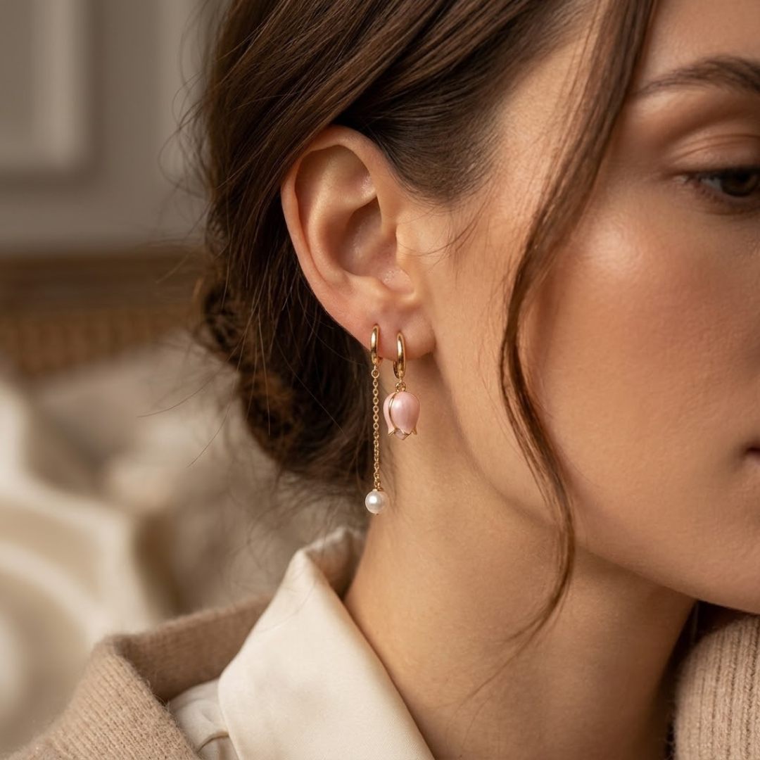 Pink Tulip Pearl Drop Earrings – Gold-Tone Huggies with Chain Drop