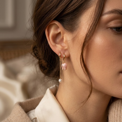Pink Tulip Pearl Drop Earrings – Gold-Tone Huggies with Chain Drop