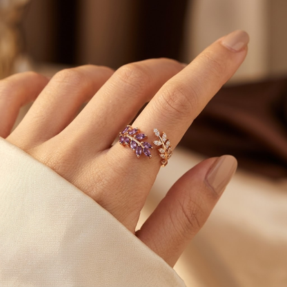 Leaf Ring – Gold-Tone with Purple Stone