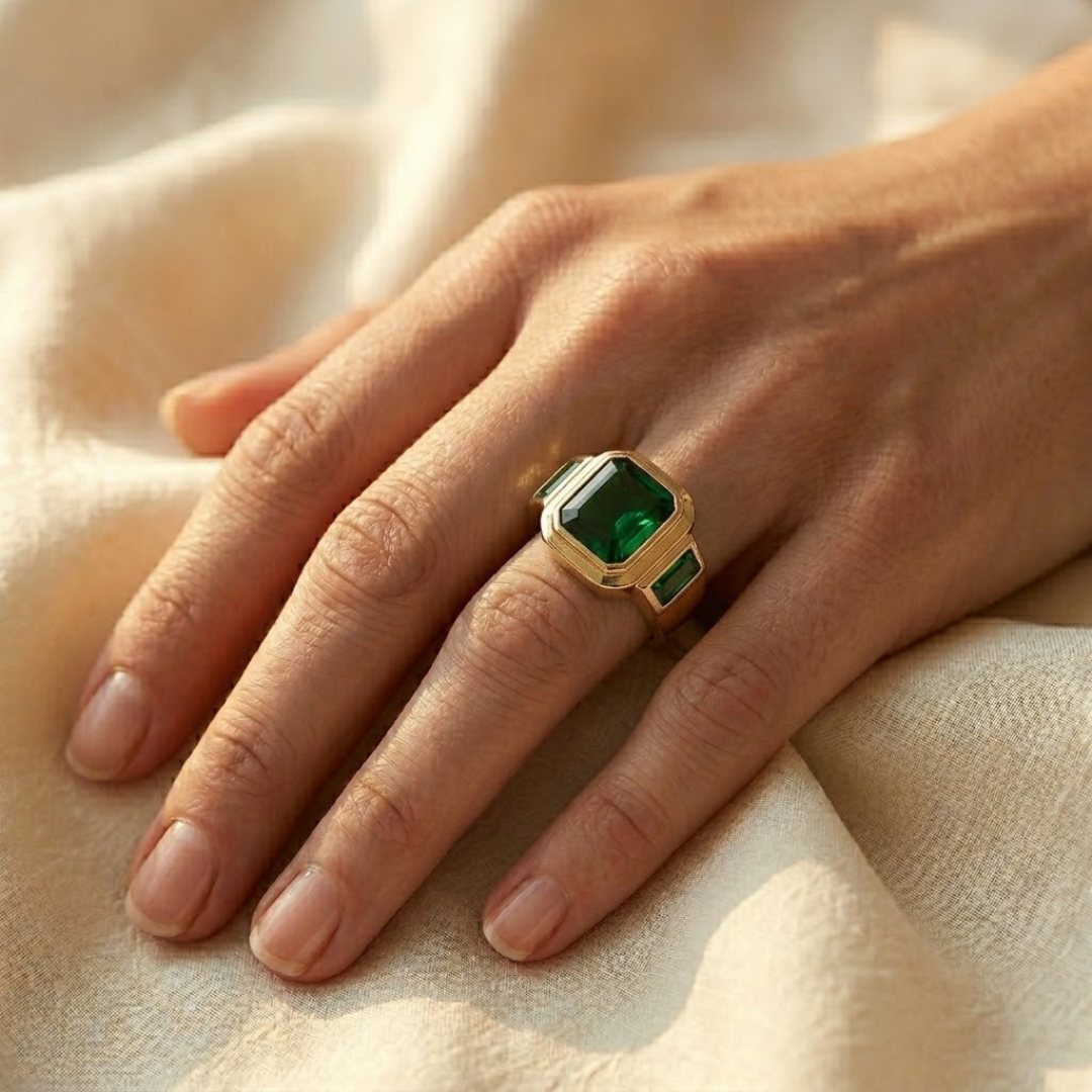 Signet Statement Ring – Gold-Tone with Emerald-Cut Green Stone