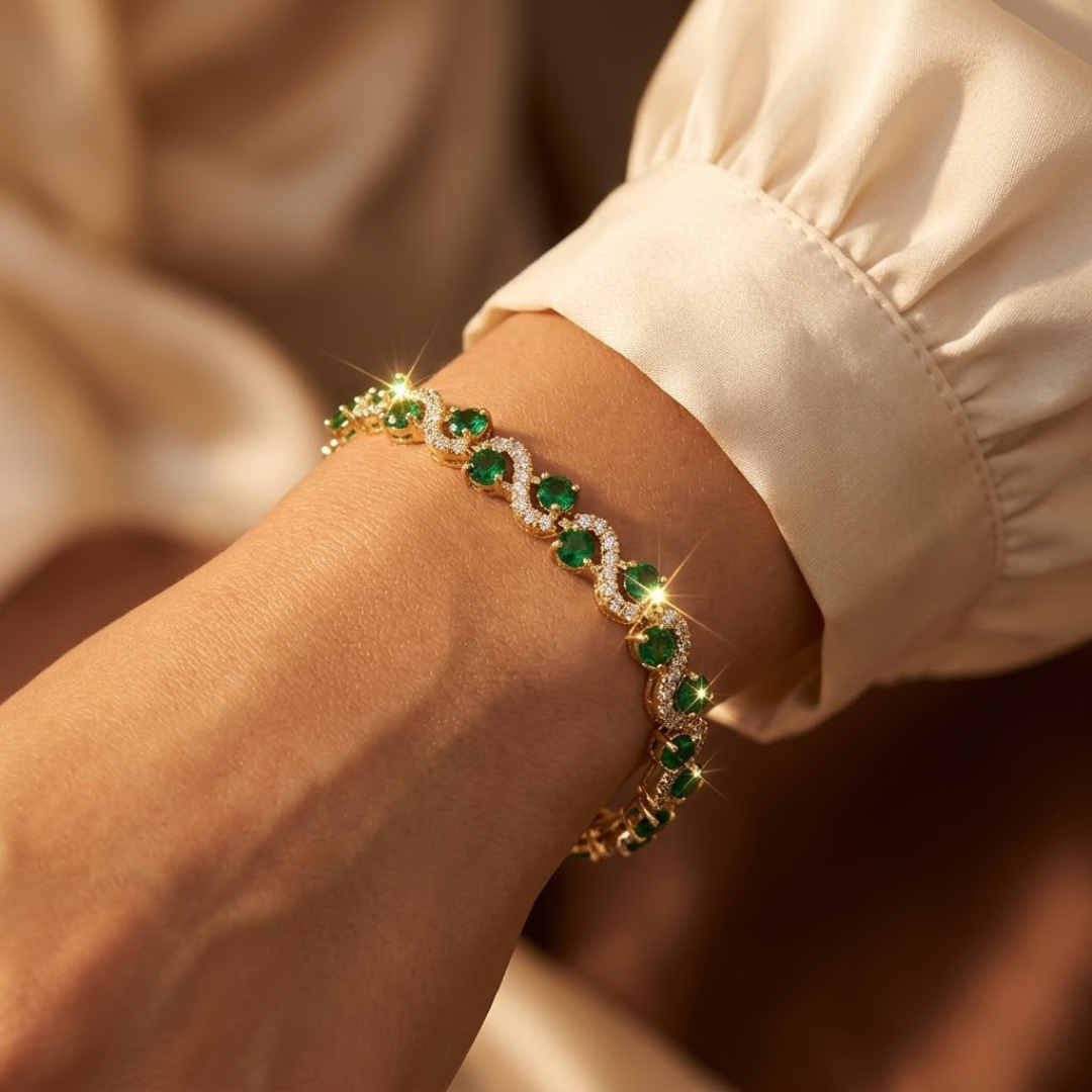 Halo Link Bracelet – Gold-Tone with Round Green Stones