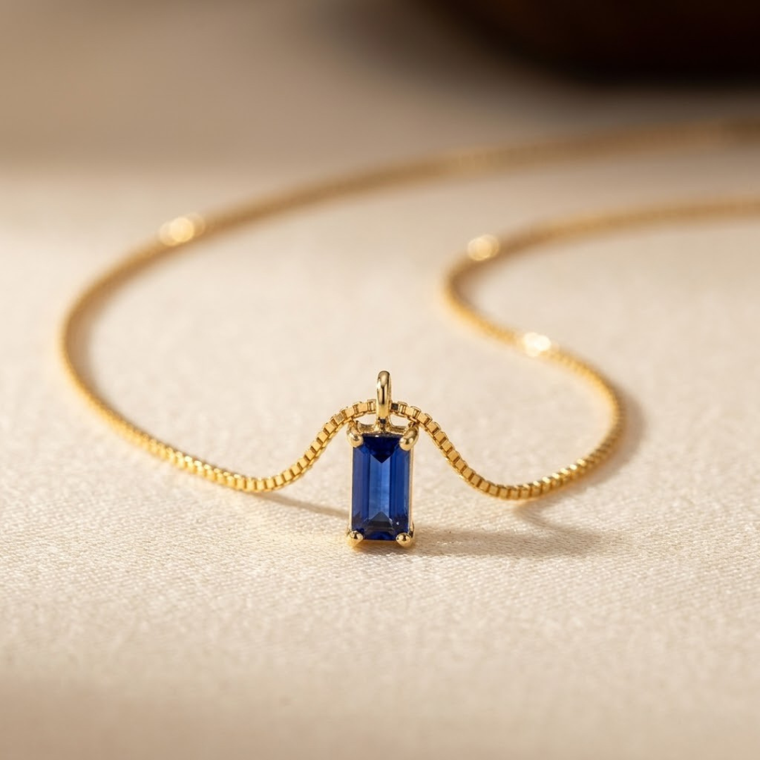 Minimalist Pendant Necklace – Gold-Tone with Blue Baguette Stone