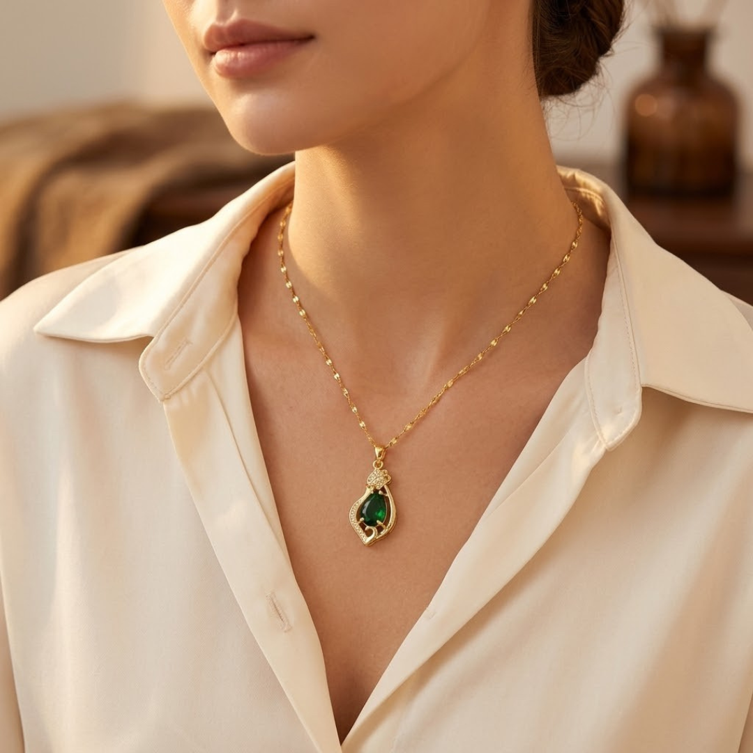 Teardrop Pendant Necklace – Gold-Tone with Green Stone