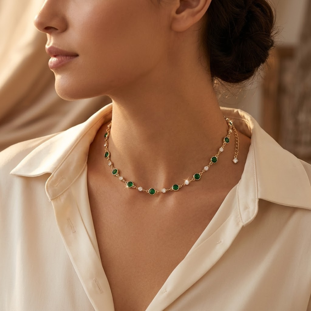 Station Necklace – Gold-Tone with Round Green Stones