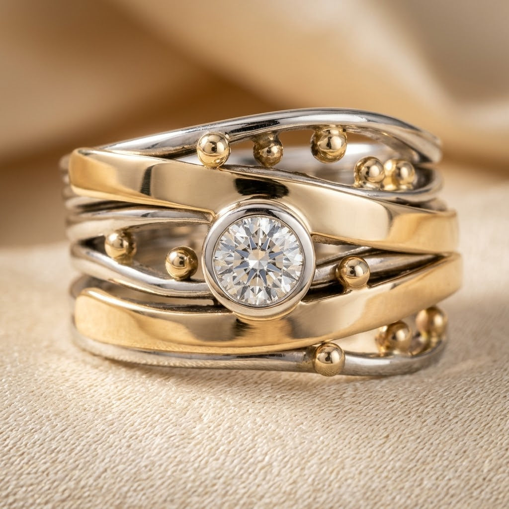 Bezel Wrap Ring – Two-Tone Silver and Gold-Tone Layered Design